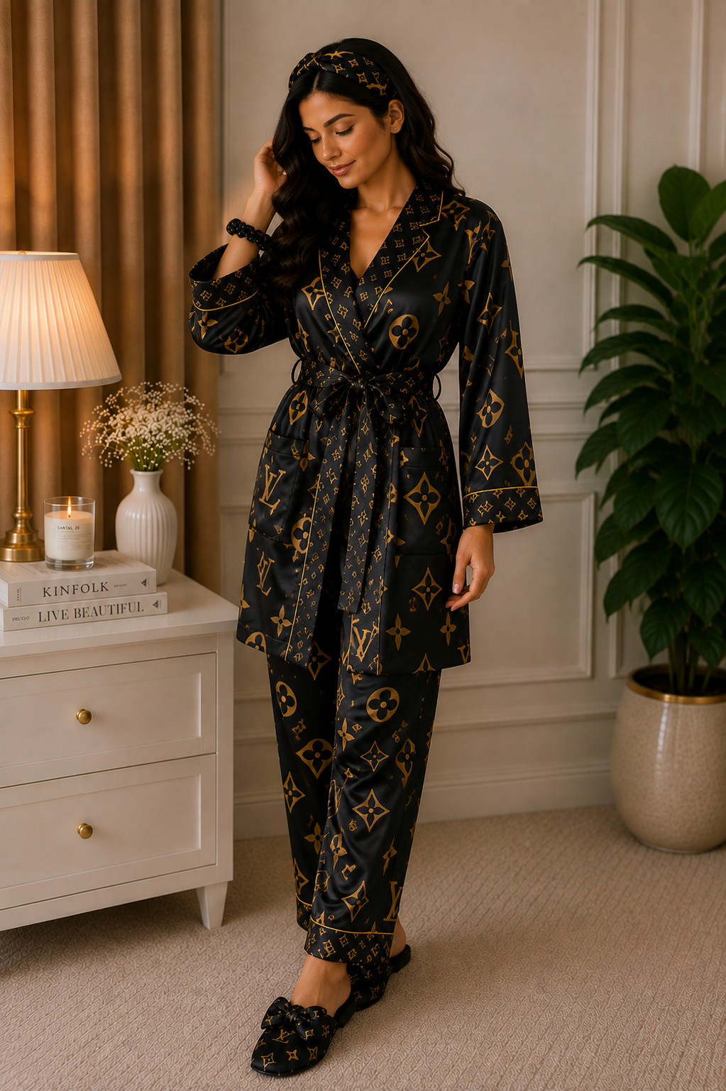 LV Noir Robe 5pc Pajama Set